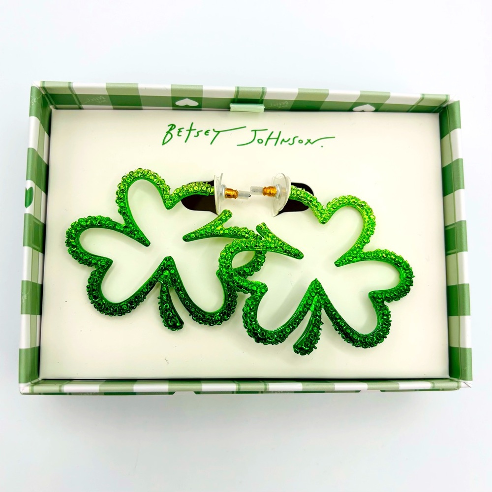 LAST ONE!! NEW FOR 2026! Betsey Johnson Green Shamrock Hoop Earrings